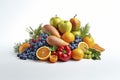 A lot of fruits and vegetables tastefully arranged against white background -Generative AI