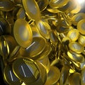 A lot of gold bimetallic coins is very close. Beautiful gold reflection effect.