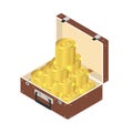 A lot of gold coins in a suitcase with a handle in the isometric