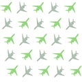 Lot gray green aircraft inclined on a white background travel symbol pattern design