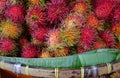 A lot of hairy rambutan fruits at a market