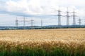 A lot of high-voltage power line, transmission tower overhead line masts, high voltage pylons also known as power pylons on the fi Royalty Free Stock Photo