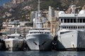 A lot of huge yachts are in port of Monaco at sunny day, Monte Carlo, mountain is on background, glossy board of the