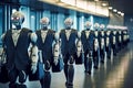 in suits walking down a long corridor. Robots replacing humans in offices. Generative AI