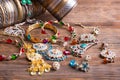 A lot of jewelry on a wooden table Royalty Free Stock Photo