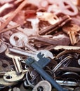 A lot of keys in one place, many difrent types and materials in full frame in close up Royalty Free Stock Photo