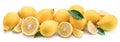 Lot of lemon fruits with lemon leaf isolated. Horizontal photo.