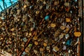 A lot of locks with the names of lovers on the bridge in Paris on montmarte near the Basilica church