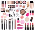 Makeup cosmetics such as eye shadow, mascara, lipstick, eyeliner, nail polish and makeup accessories isolated on white background Royalty Free Stock Photo