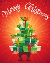 Merry Christmas poster card with callygraphy lettering and cartoon style many gifts stack , ribbon bow on box presents. funny part Royalty Free Stock Photo