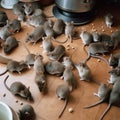 A lot of mice on the table among the crumbs of food and dishes, Royalty Free Stock Photo