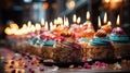 Lot of mini birthday cake or birthday cupcake with the candle colorful cake