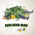 a lot of money on rich businessman. rich and dead concept - vector