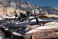 A lot of motor boats in rows are in port of Monaco at sunny day, Monte Carlo, mountain is on background, colourful