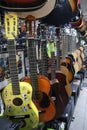 Ukulele and guitars in a musical instrument store Royalty Free Stock Photo