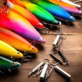 Lot of multicolored fishing lures on a wooden background. AI generative illustration
