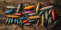 Lot of multicolored fishing lures on a wooden background. AI generative illustration