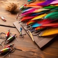 Lot of multicolored fishing lures on a wooden background. AI generative illustration