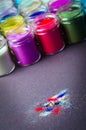 Lot of multicolored paint in jars for makeup artistry Royalty Free Stock Photo