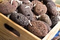 Natural pumice stones in a wooden box