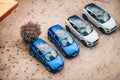 A lot of new Jaguar luxury SUV car photographed from above.