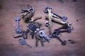 A lot of old keys on the plank Royalty Free Stock Photo