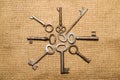 A lot old keys to the safe on a very old cloth Royalty Free Stock Photo
