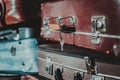 A lot of Old vintage suitcases. Abstract background as travel, journey, voyage concept. A lot of vintage suitcases stacked Royalty Free Stock Photo