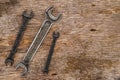 A lot of old wrenches. The working set of wrenches on cracked plywood background