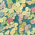 A lot of pastel multi colored vintage clothing buttons randomly scattered on the blue background - top view Royalty Free Stock Photo