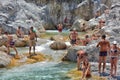 A lot of people bathing in a mountain stream canyon Kuzdere during jeep safari on the Taurus mountains. Royalty Free Stock Photo