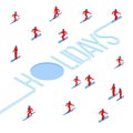 Lot of people skiing around word `Holidays` Royalty Free Stock Photo