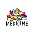 Lot of pills and capsules. Medicine or dietary supplements. Healthy lifestyle. Alcohol markers style. Doodle Royalty Free Stock Photo