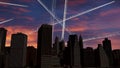 A lot of planes cruising in the sky behind skyline of New York City