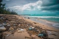 A lot of plastic waste on a tropical dream beach created with generative AI technology
