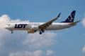 LOT Polish Airlines Boeing 737-800 MAX SP-LVB passenger plane landing at London Heathrow Airport Royalty Free Stock Photo