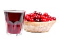 A lot of red, ripe cherries in a wicker basket and with a glass of cherry juice on a white background. isolated Royalty Free Stock Photo