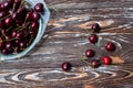 A lot of ripe red cherries on twigs lie in a glass plate on a dark blue wooden table Royalty Free Stock Photo