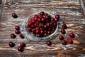 A lot of ripe red cherries on twigs lie in a glass plate on a dark blue wooden table Royalty Free Stock Photo