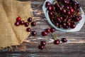 A lot of ripe red cherries on twigs lie in a glass plate on a dark blue wooden table with a striped texture Royalty Free Stock Photo