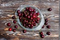 A lot of ripe red cherries on twigs lie in a glass plate on a dark blue wooden table with a striped texture Royalty Free Stock Photo