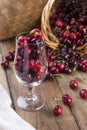 A lot of ripe and sweet cherries, on the table and in a glass, for traditional Belgian beer. Delicious red berries. Copy space