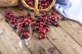 A lot of ripe and sweet cherries, on the table and in a glass, for traditional Belgian beer. Delicious red berries. Copy space Royalty Free Stock Photo