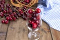 A lot of ripe and sweet cherries, on the table and in a glass, for traditional Belgian beer. Delicious red berries. Copy space,