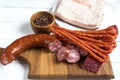 A lot of sausages  on a white background. top view Royalty Free Stock Photo