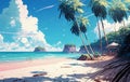 A lot of shining palms at a wonderful beach, anime painting