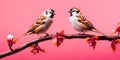 A lot of small funny birds sparrows sitting on a branch on the panoramic picture Royalty Free Stock Photo