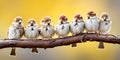A lot of small funny birds sparrows sitting on a branch on the panoramic picture Royalty Free Stock Photo