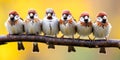 A lot of small funny birds sparrows sitting on a branch on the panoramic picture Royalty Free Stock Photo