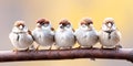 A lot of small funny birds sparrows sitting on a branch on the panoramic picture Royalty Free Stock Photo